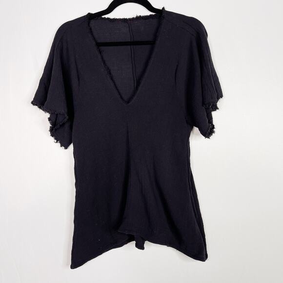 Sam Cho RCH Frayed Hem Vneck Short Sleeve Tee Black Small S Asymmetrical Hem - Picture 1 of 7